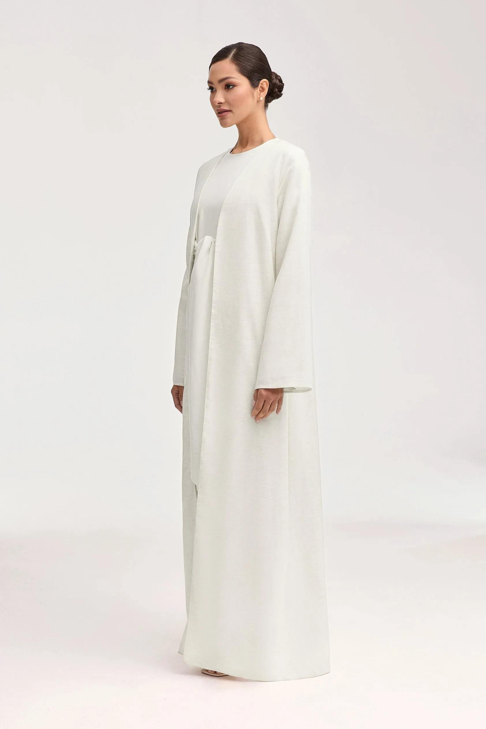 Linen Open Abaya & Dress Set - Off White