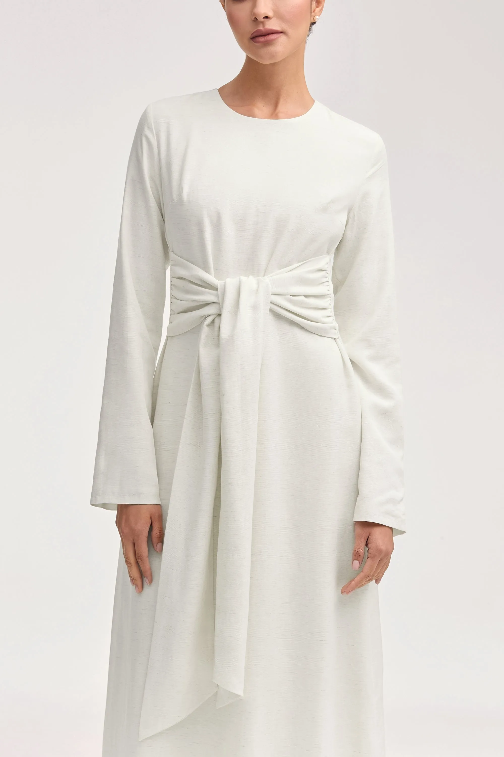 Linen Open Abaya & Dress Set - Off White