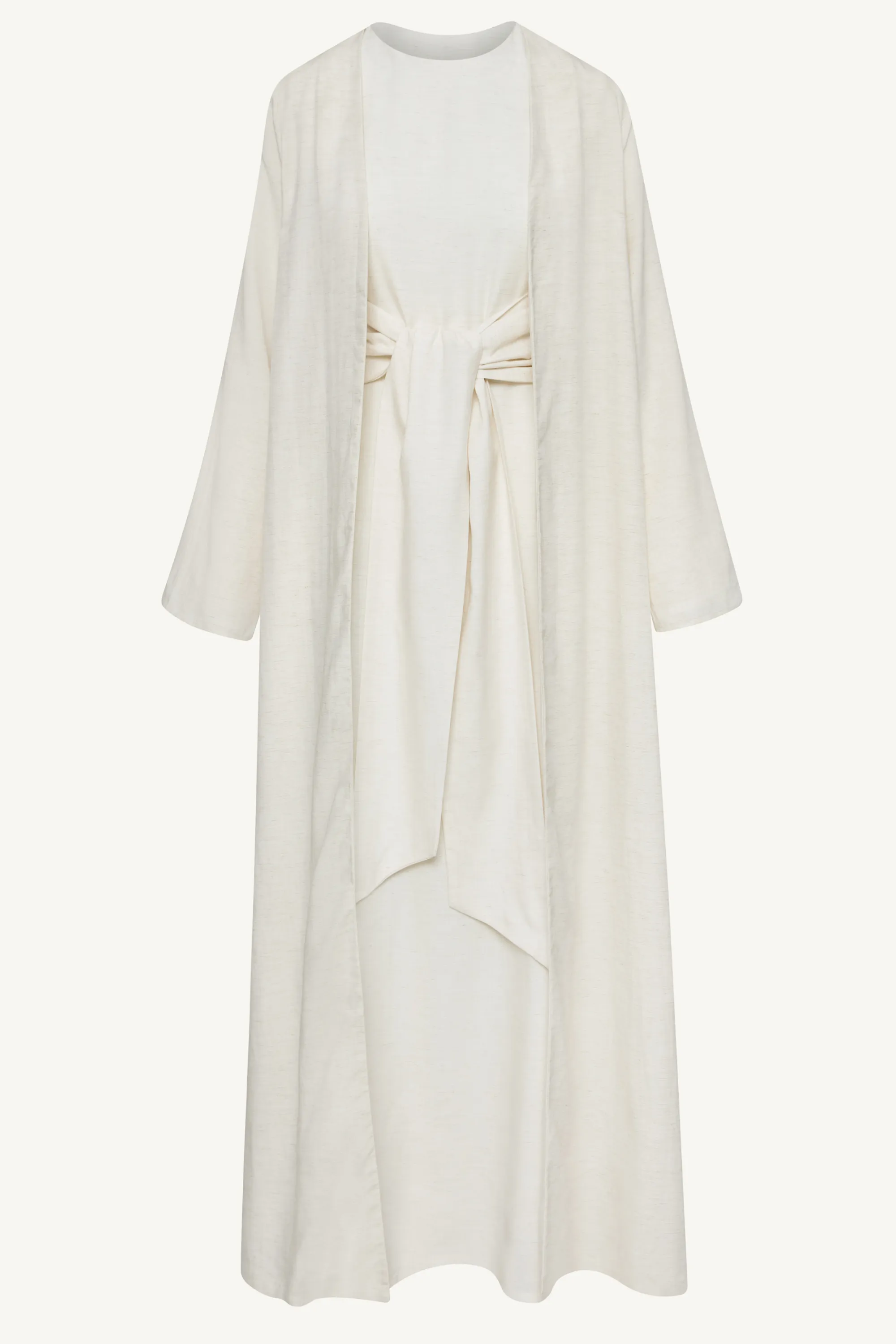 Linen Open Abaya & Dress Set - Off White