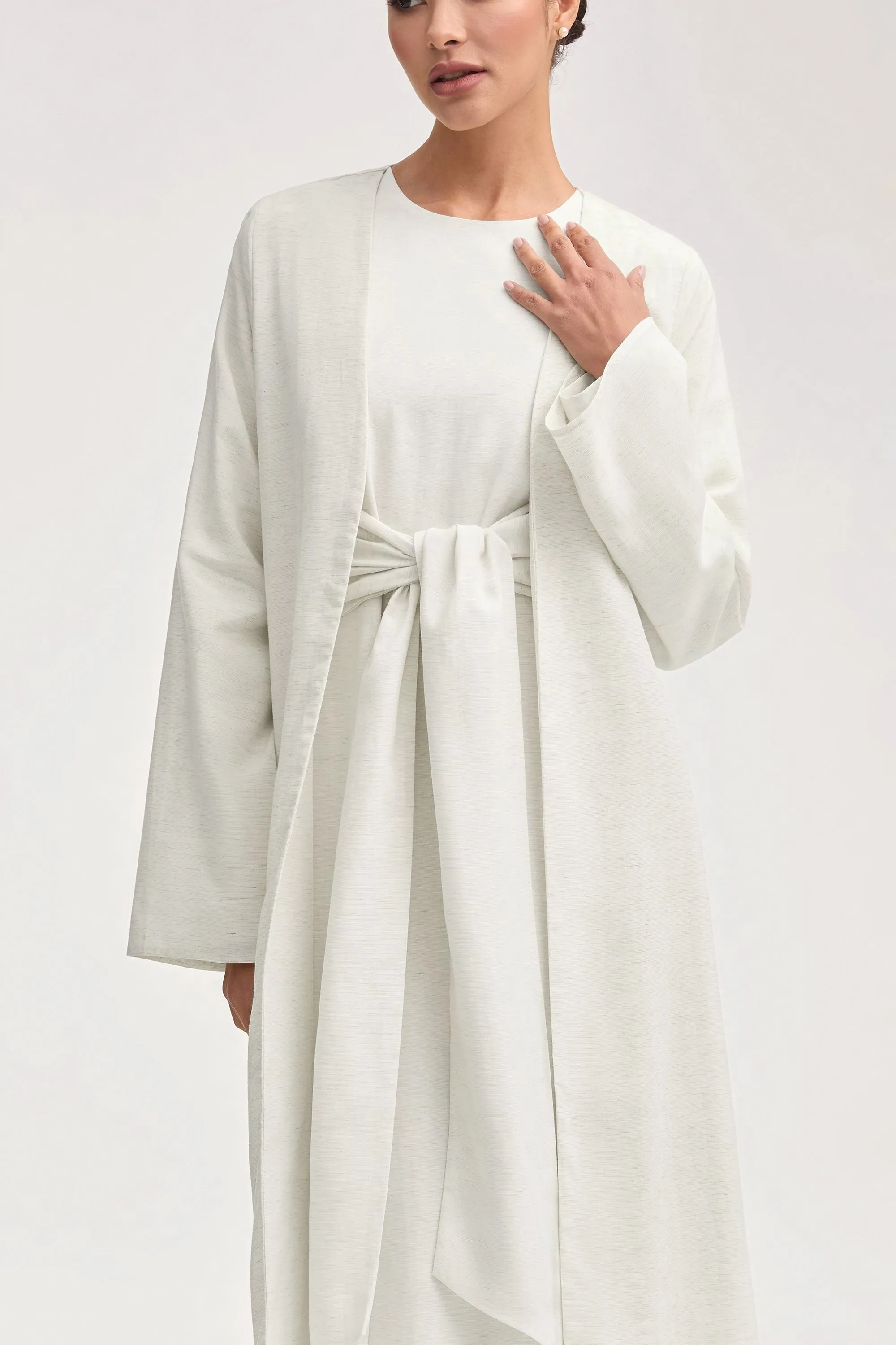 Linen Open Abaya & Dress Set - Off White