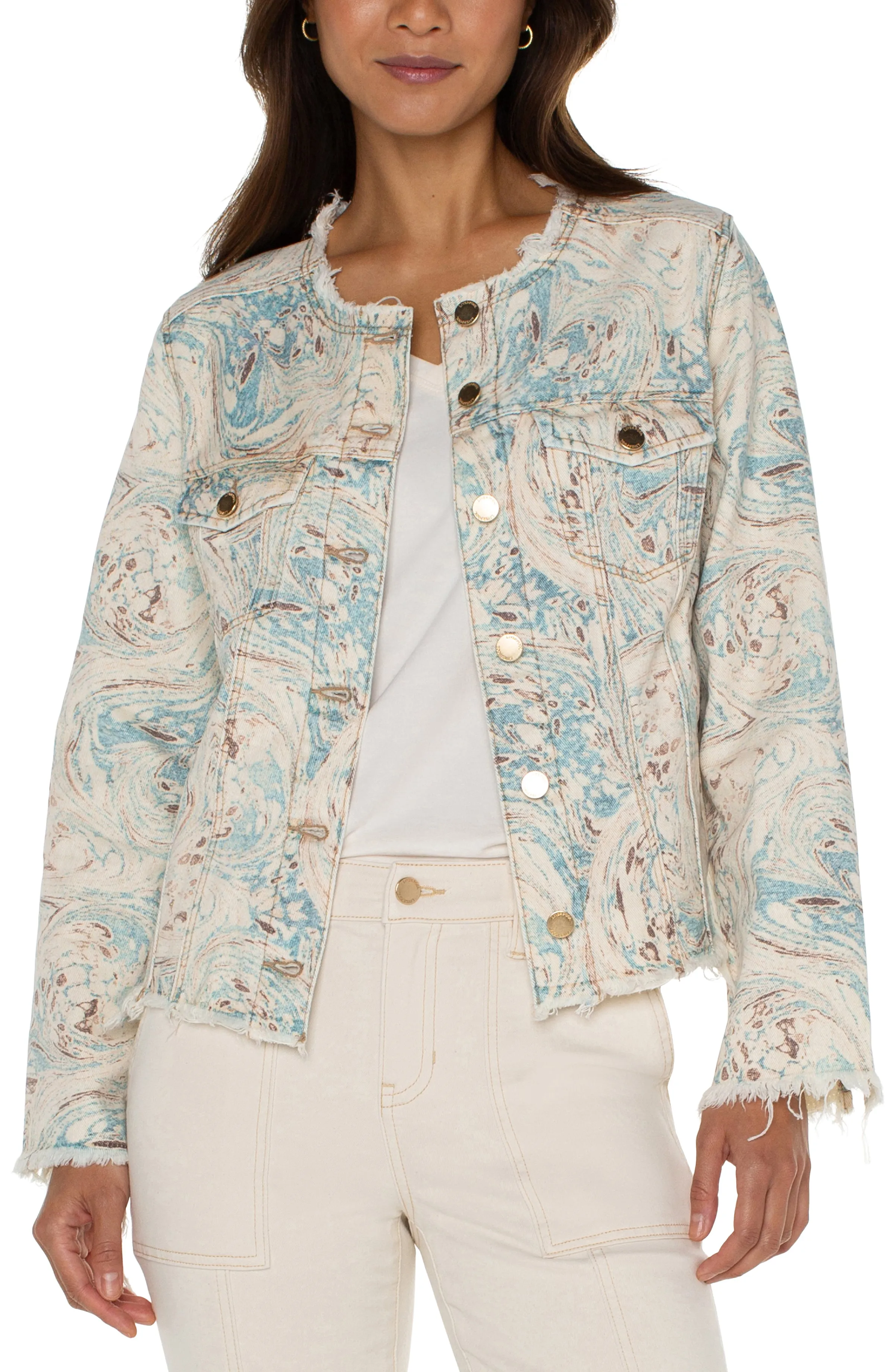 Liverpool Classic Jean Jacket with Fray Hem (Ocean Blue/Ecru)