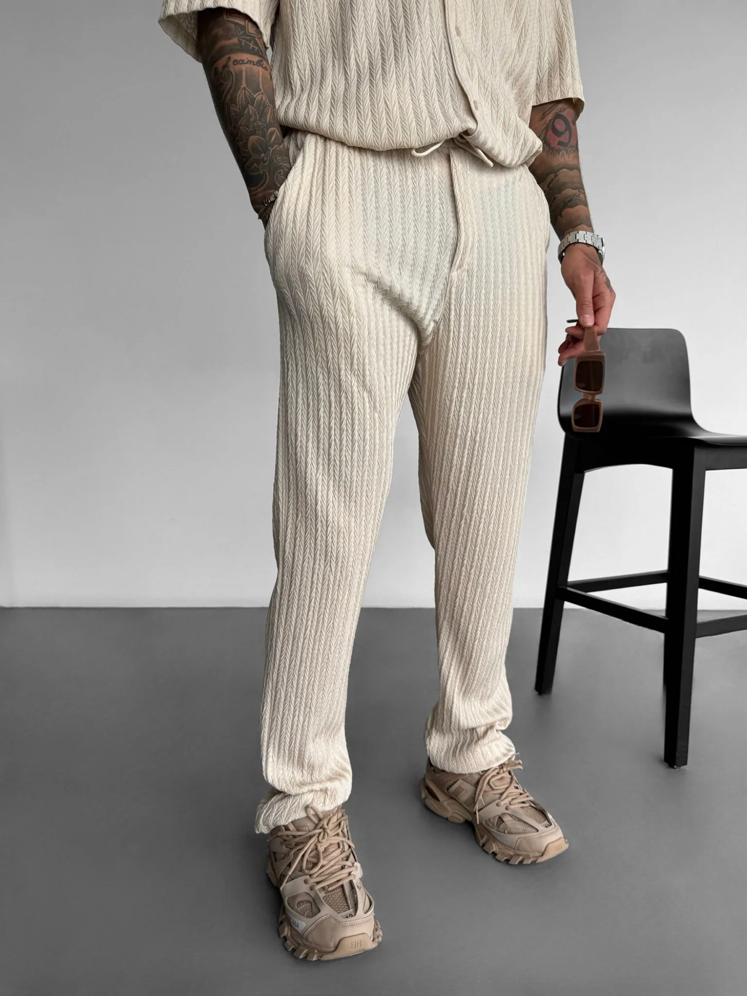 Loose Fit Structured Trousers - Beige