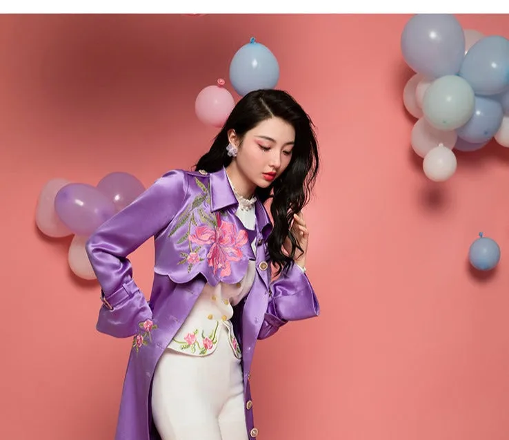 Magic Q purple peony embroidery beaded satin trench coat - Liba