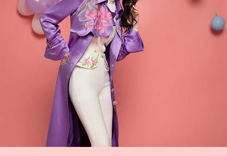 Magic Q purple peony embroidery beaded satin trench coat - Liba