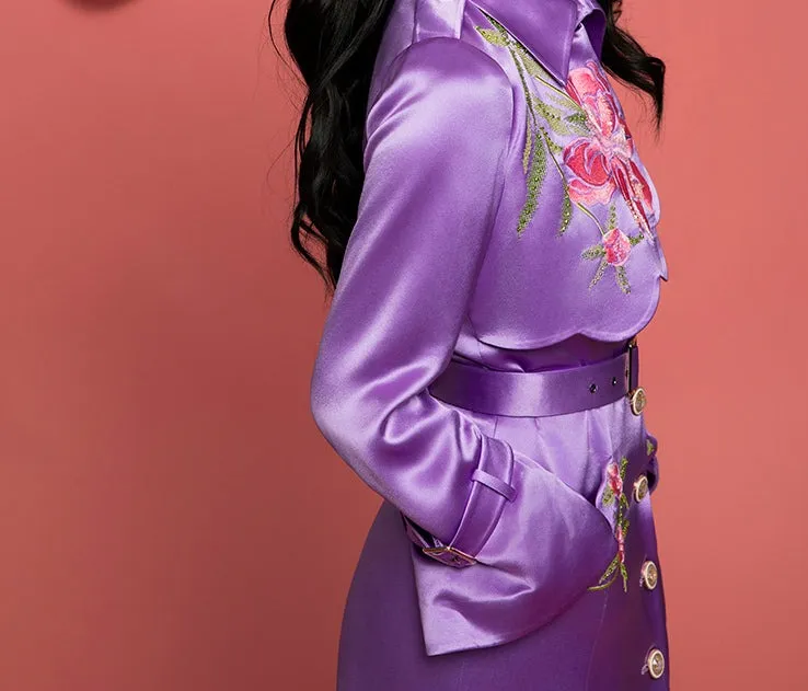 Magic Q purple peony embroidery beaded satin trench coat - Liba