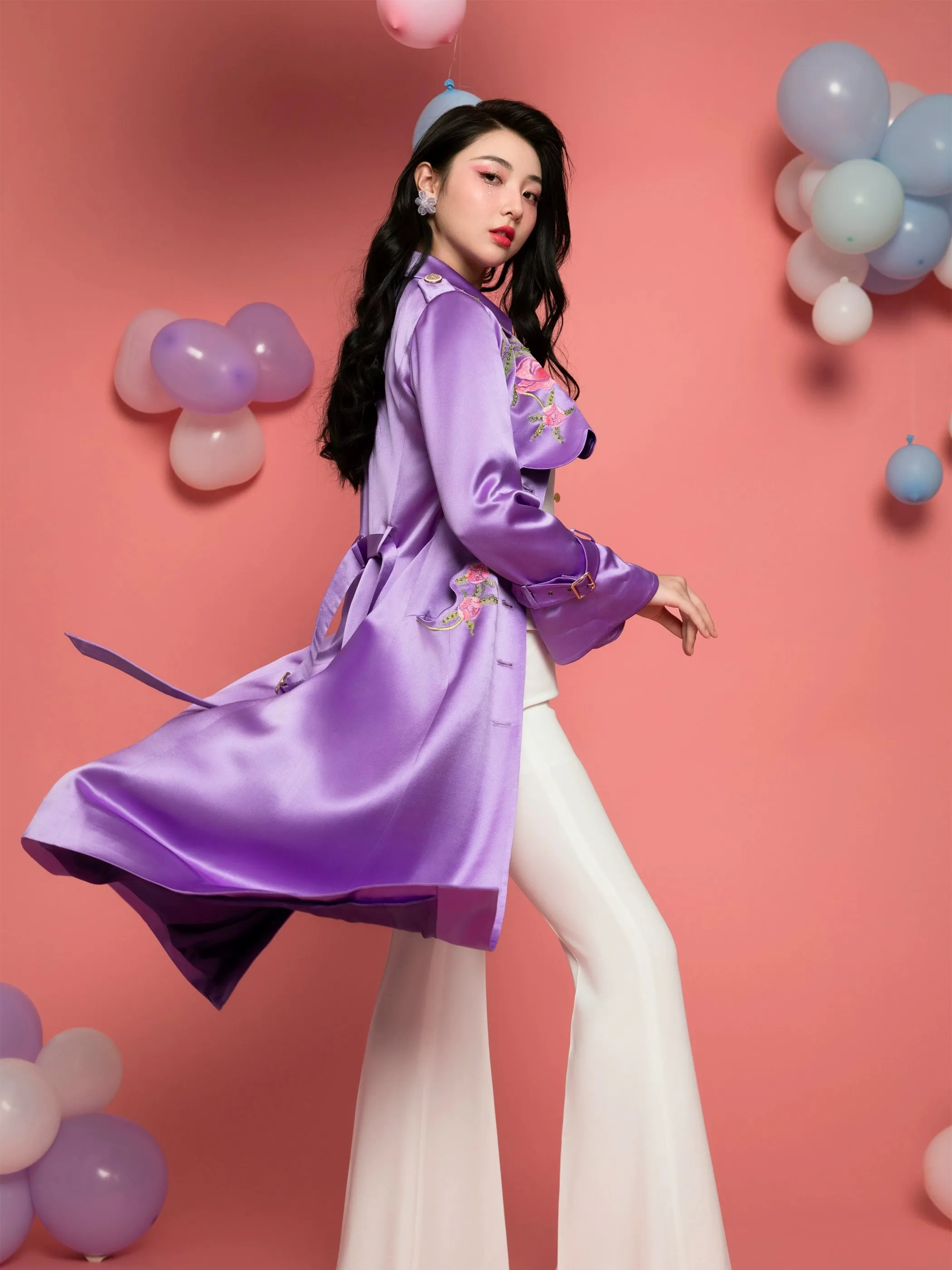 Magic Q purple peony embroidery beaded satin trench coat - Liba