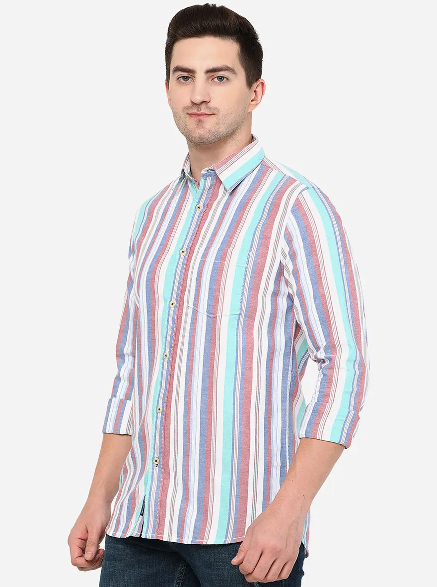 Maroon & White Striped Slim Fit Semi Casual Shirt | JadeBlue