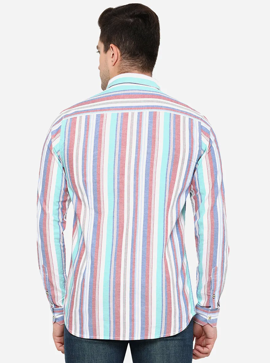 Maroon & White Striped Slim Fit Semi Casual Shirt | JadeBlue