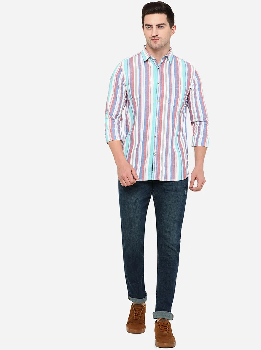 Maroon & White Striped Slim Fit Semi Casual Shirt | JadeBlue