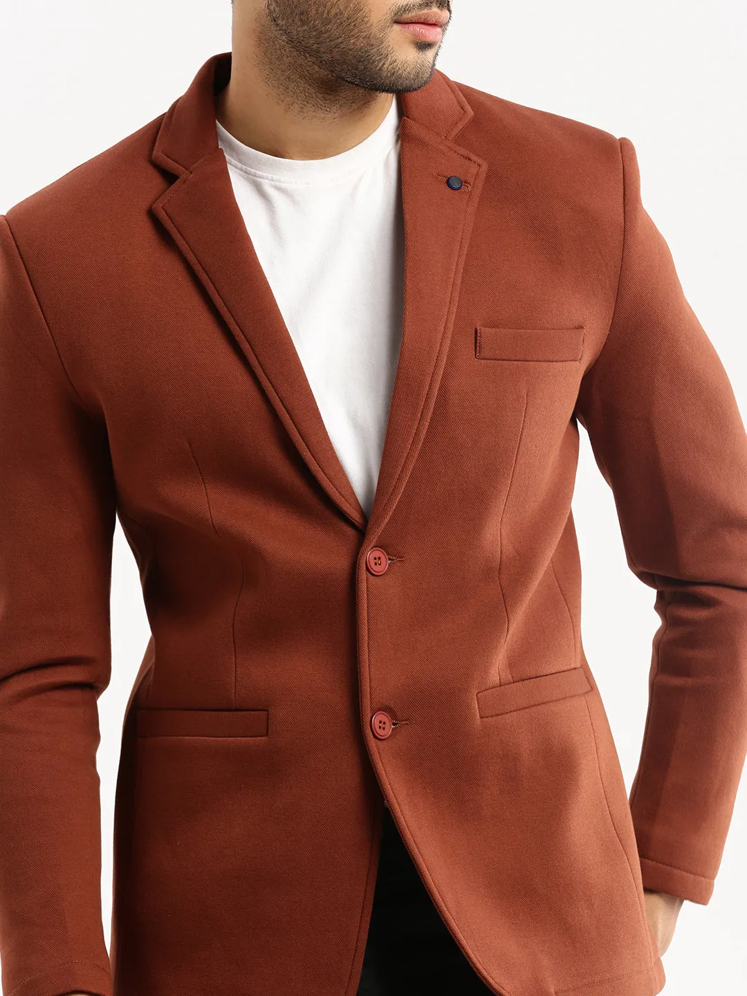 Men Brown Solid Notched Lapel Blazer