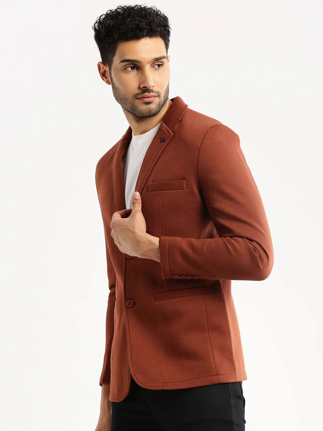 Men Brown Solid Notched Lapel Blazer