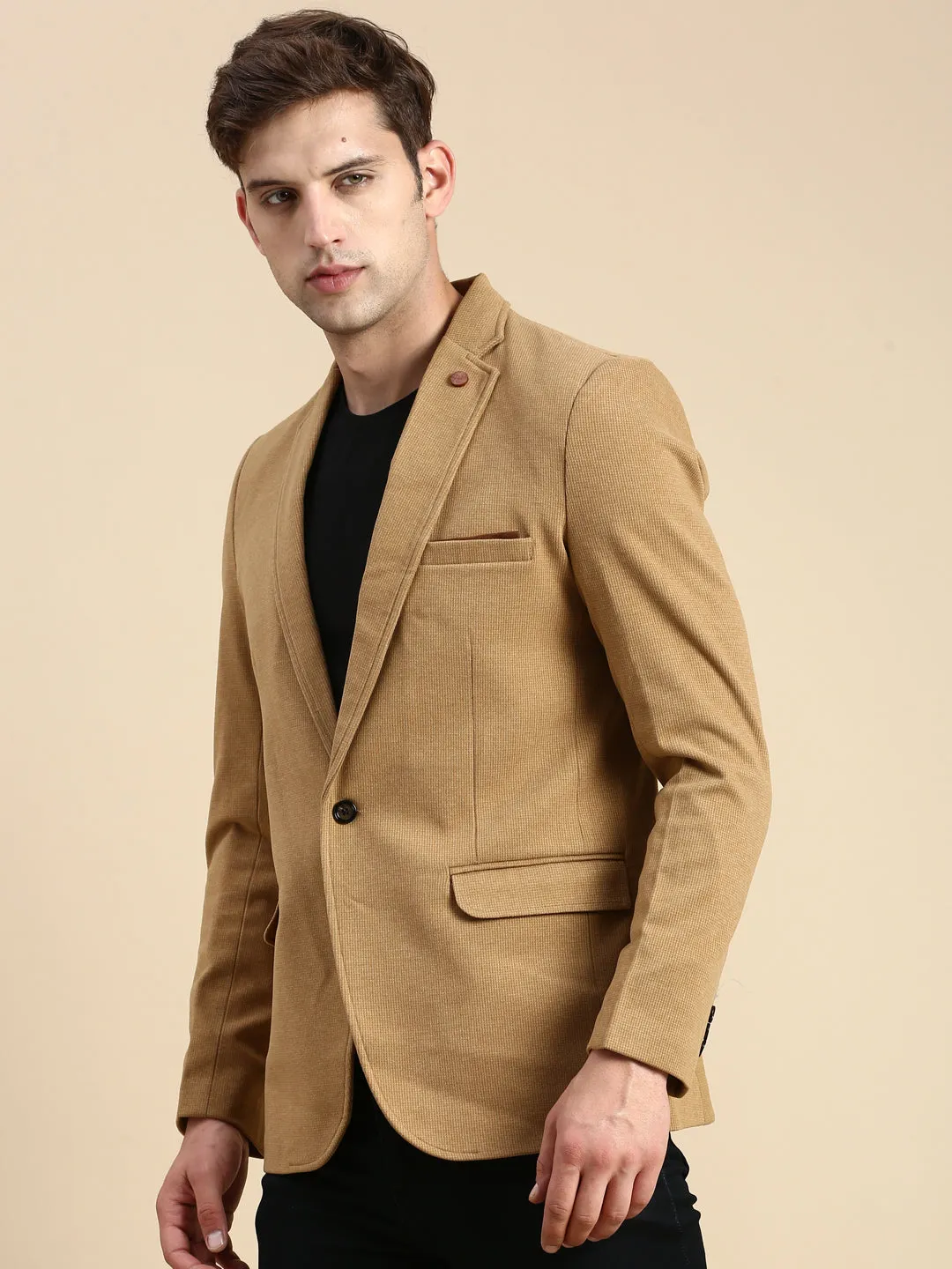 Men Khaki Solid Casual Blazer