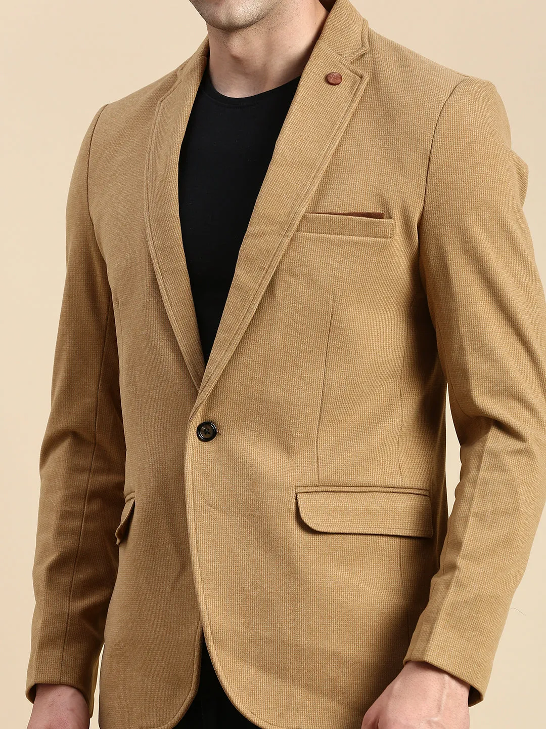 Men Khaki Solid Casual Blazer