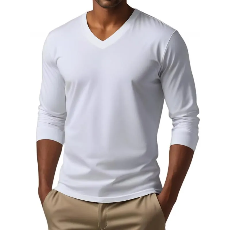 Men's Casual V-neck Cotton Blended Slim Fit Long Sleeve T-shirt 53916312M