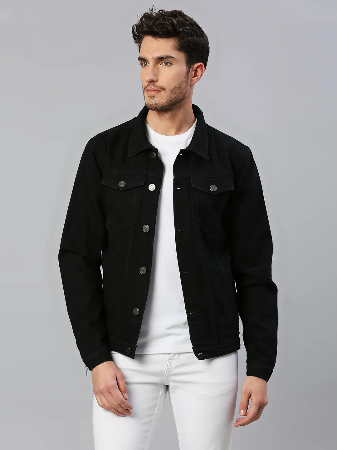 Men's Regular Fit Long Sleeve Button Down Panel Denim Jacket  (Black)