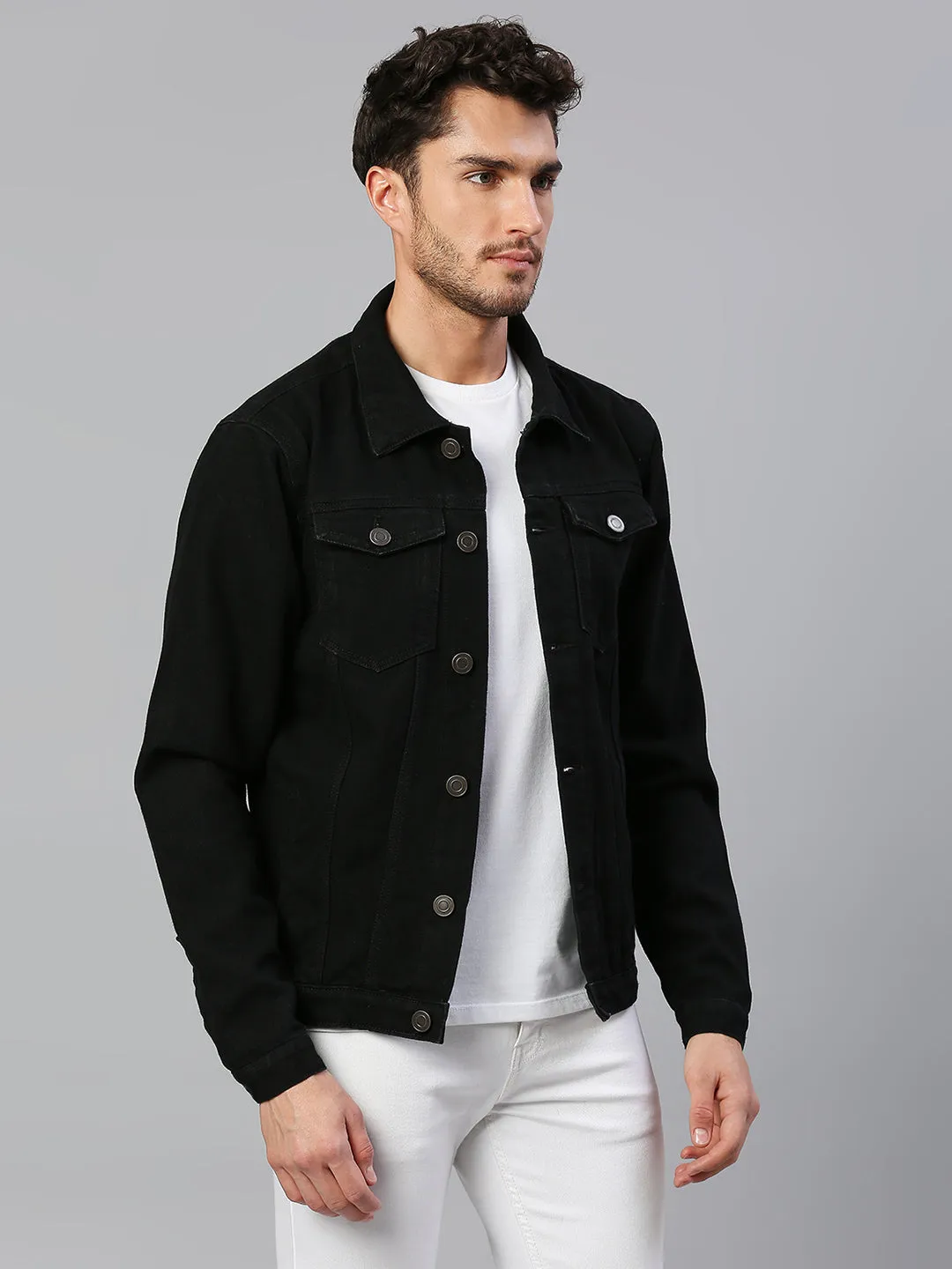 Men's Regular Fit Long Sleeve Button Down Panel Denim Jacket  (Black)