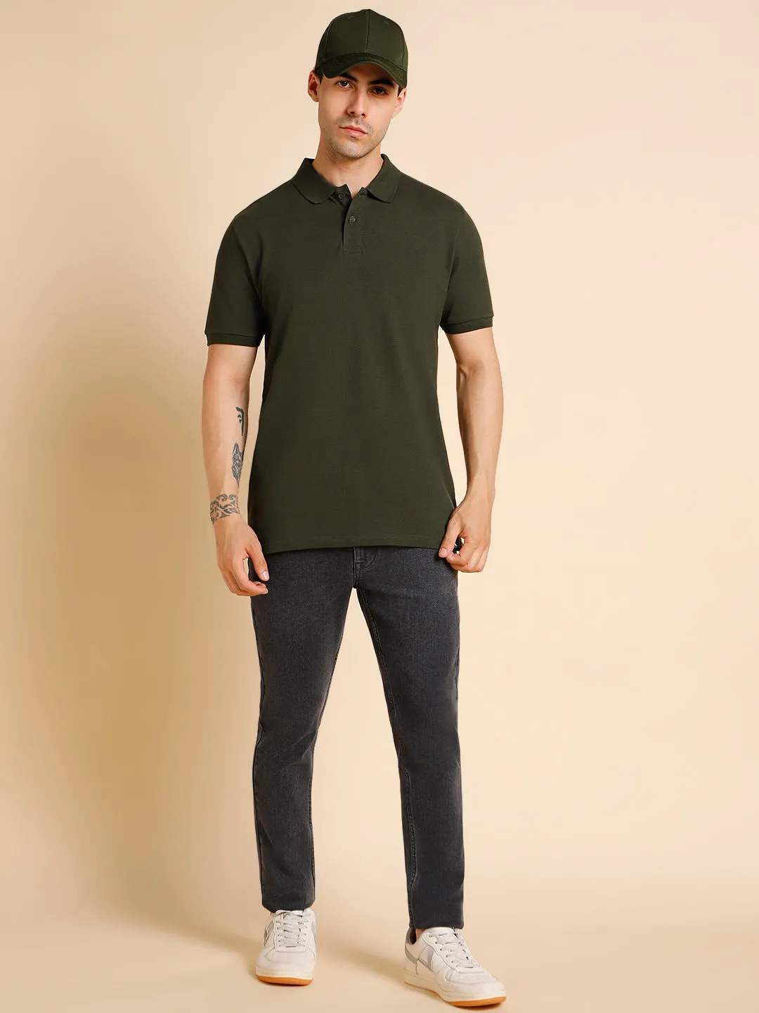 Men's Slim Fit  Solid Olive Polo T-Shirt