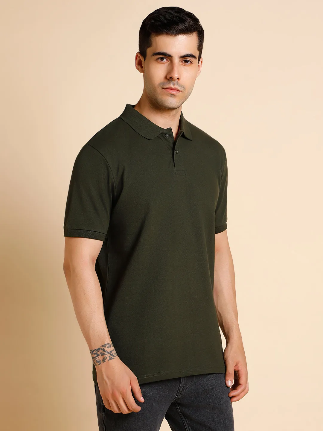 Men's Slim Fit  Solid Olive Polo T-Shirt