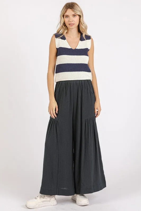 Mittoshop Gauze Elastic Waist Pleated Wide Leg Pants