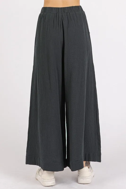 Mittoshop Gauze Elastic Waist Pleated Wide Leg Pants