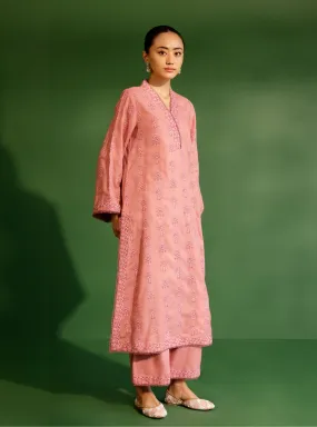 Mulmul Wool Harlow Pink Kurta With Mulmul Wool Harlow Pink Pant