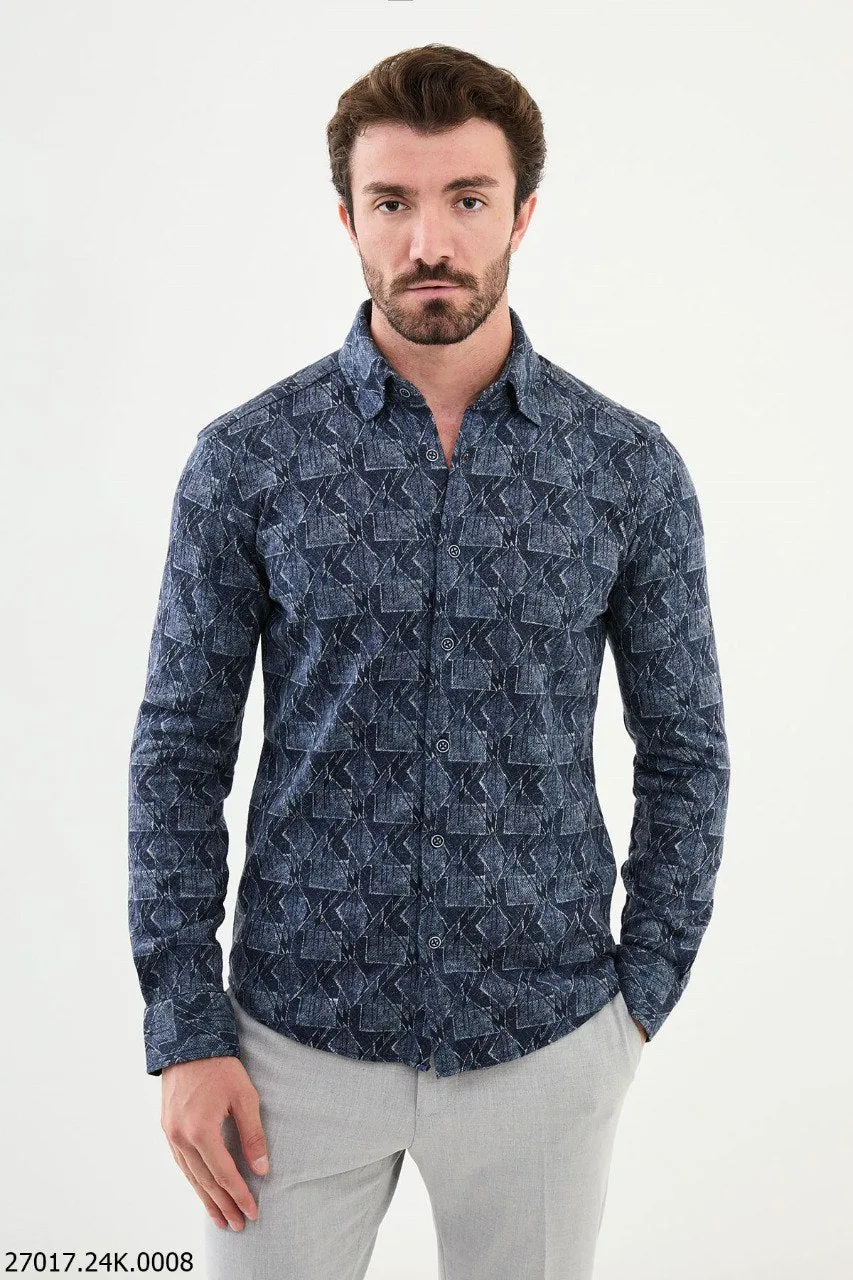 Navy Blue Geometric Pattern Shirt.