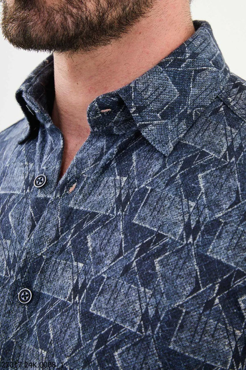 Navy Blue Geometric Pattern Shirt.