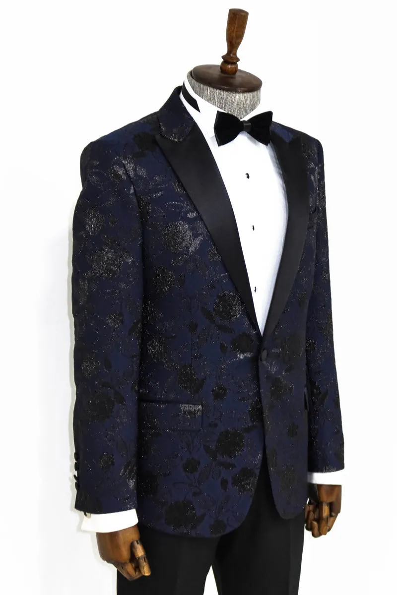 Navy Prom Blazer with Dark Grey Floral Design