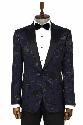 Navy Prom Blazer with Dark Grey Floral Design