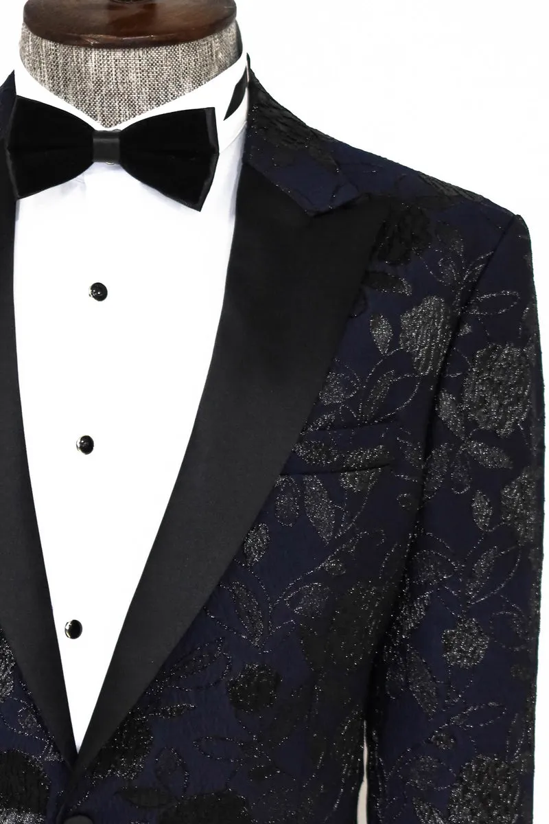 Navy Prom Blazer with Dark Grey Floral Design