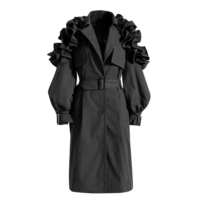 New! Luxe Elegant Ruffle Puff Sleeve Trench Coat