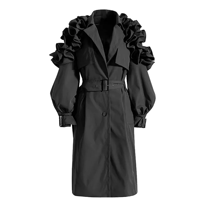 New! Luxe Elegant Ruffle Puff Sleeve Trench Coat