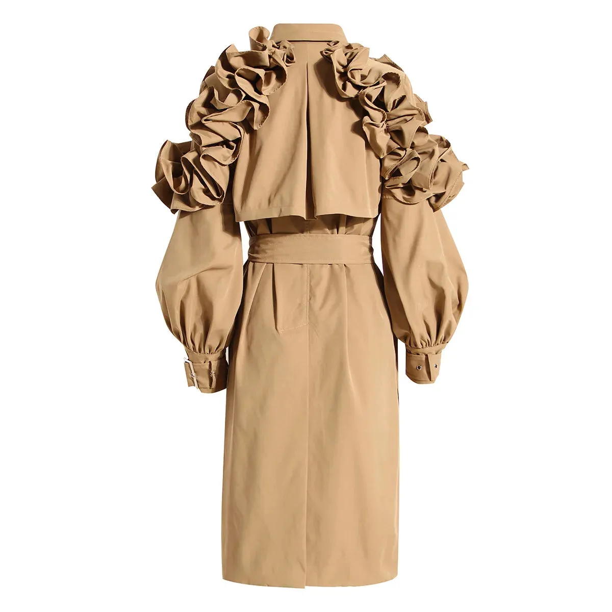 New! Luxe Elegant Ruffle Puff Sleeve Trench Coat