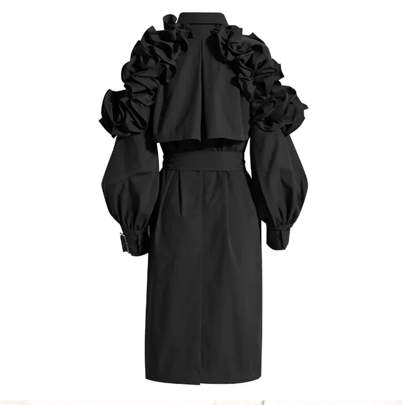 New! Luxe Elegant Ruffle Puff Sleeve Trench Coat