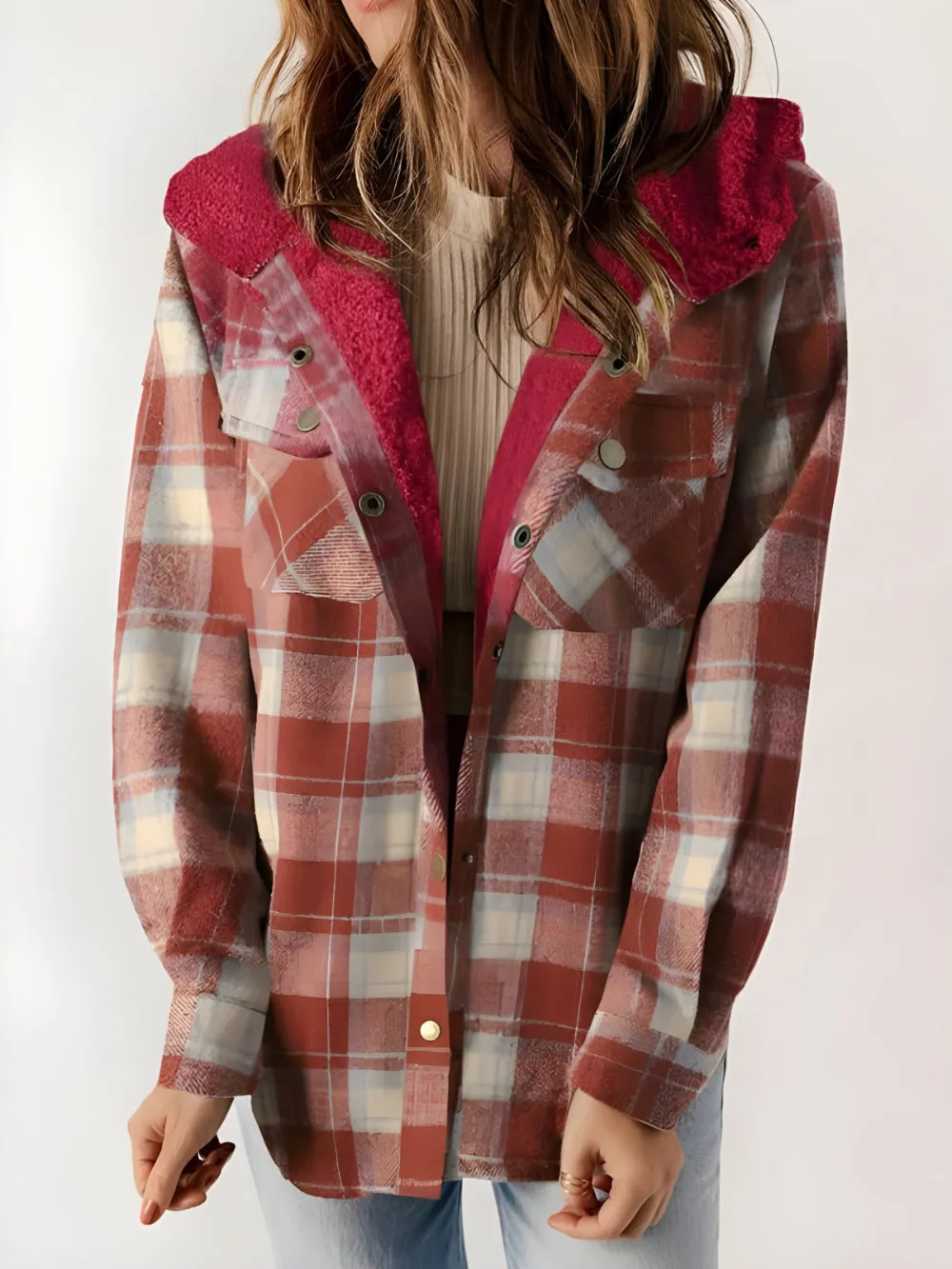 Plaid Fleece Lined Button Up Jacket