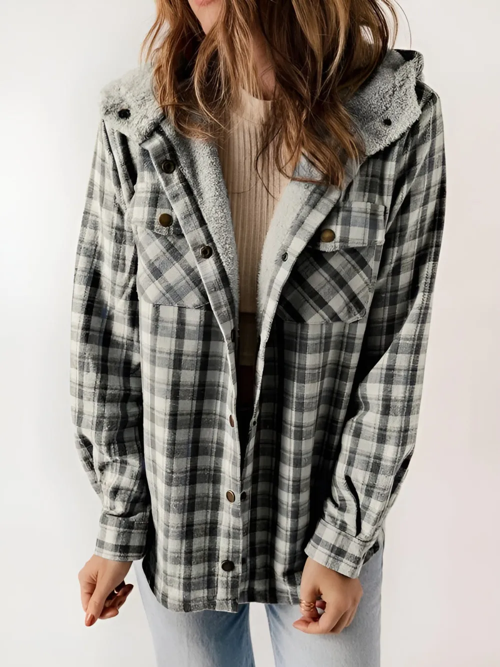 Plaid Fleece Lined Button Up Jacket