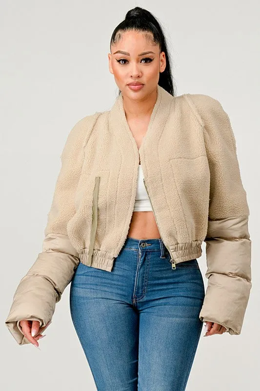 Plush Puff Sleeve Bomber Jacket