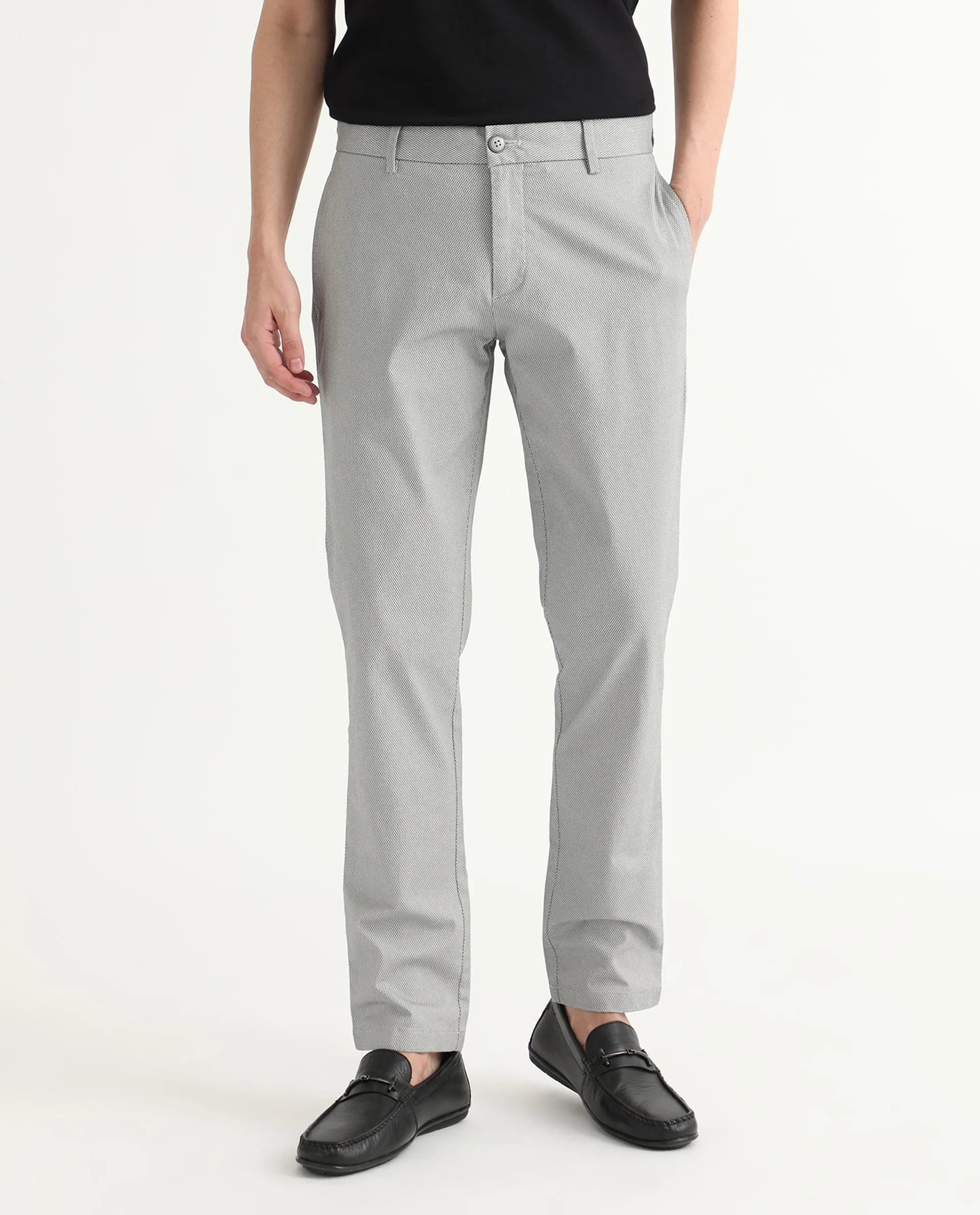 Rare Rabbit Men's Swamp Light Grey Mid-Rise Structured Regular Fit Trousers