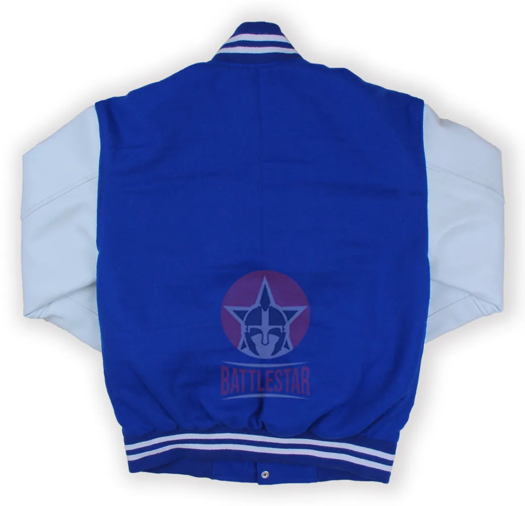 Royal Blue Wool Varsity Jacket White Pure Leather Sleeves