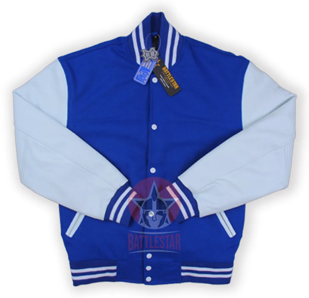 Royal Blue Wool Varsity Jacket White Pure Leather Sleeves