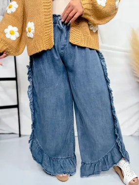 Ruffle Washed Chambray Wide Leg Pants