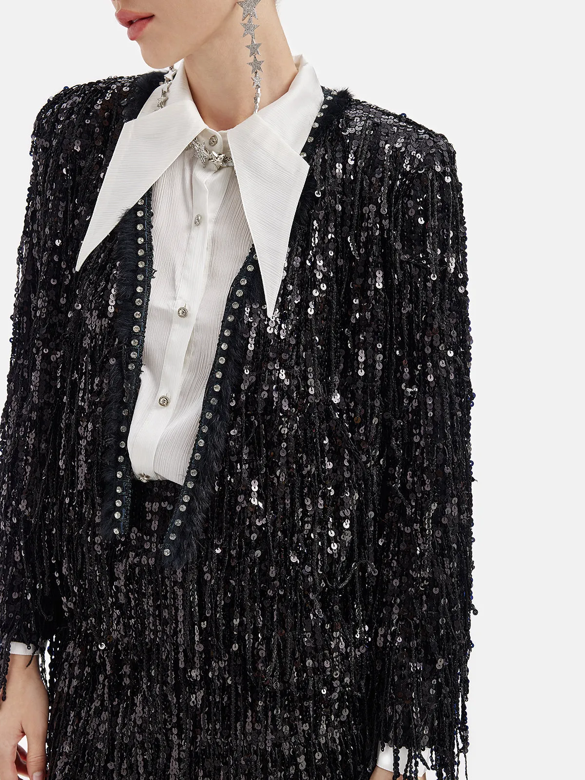 Sequined Beaded Fringe Cropped Jacket