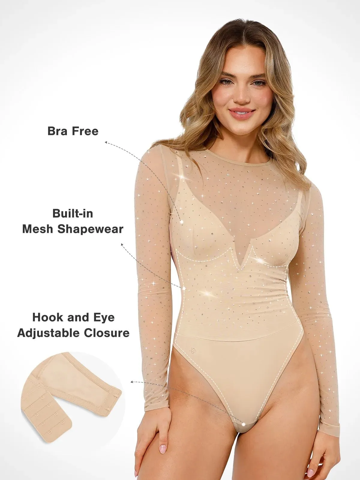 Shapewear Heat-Set Crystal Mesh Long-Sleeve Slimming Bodysuit