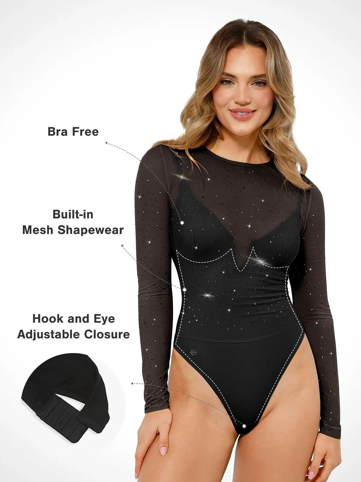 Shapewear Heat-Set Crystal Mesh Long-Sleeve Slimming Bodysuit