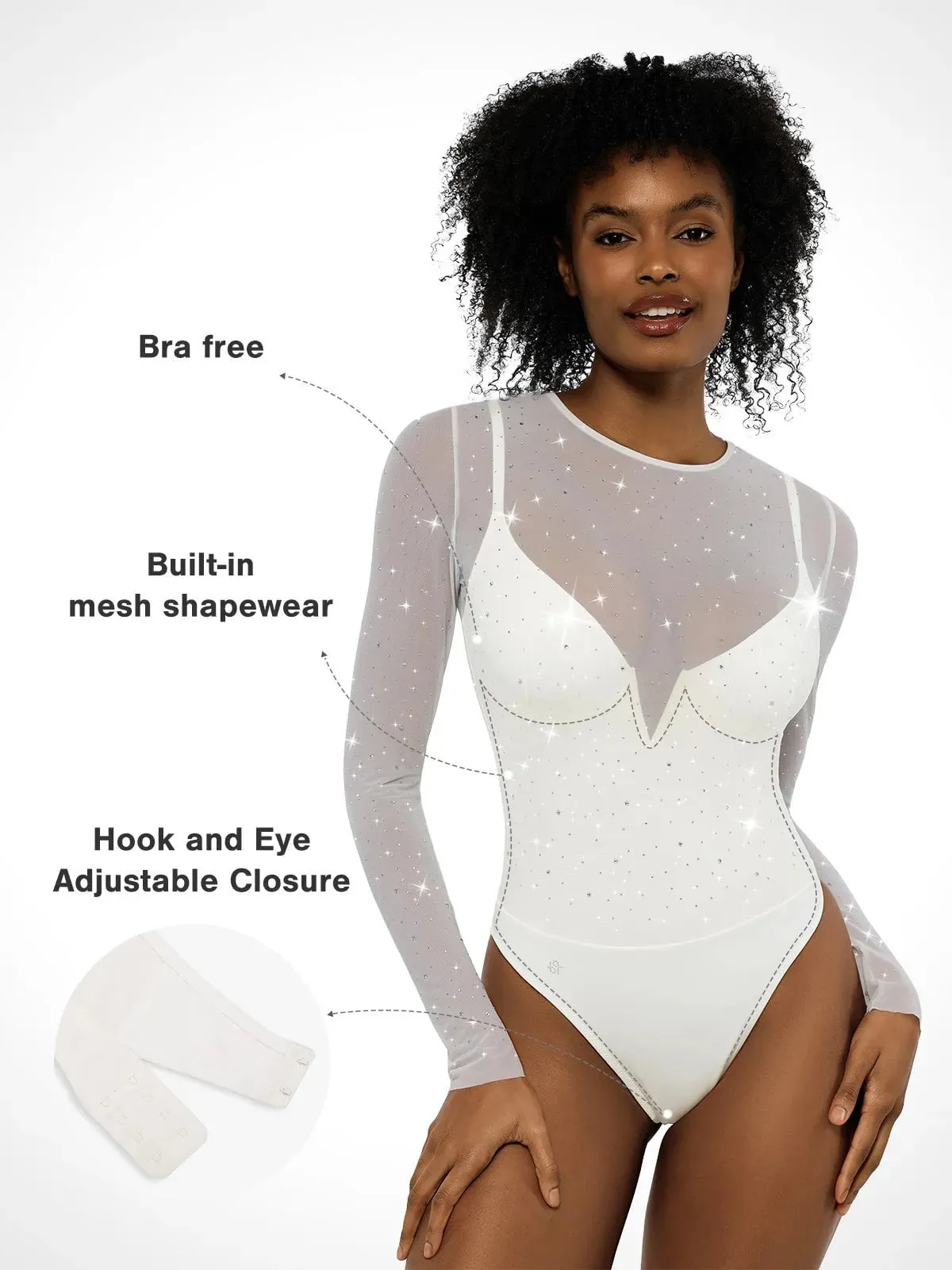 Shapewear Heat-Set Crystal Mesh Long-Sleeve Slimming Bodysuit