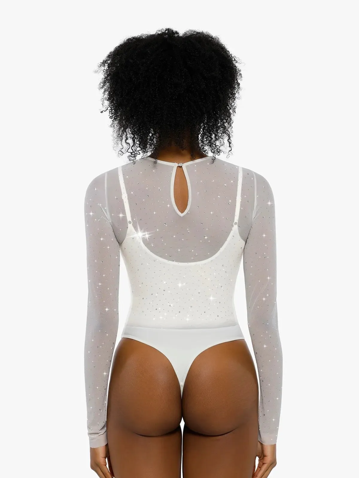 Shapewear Heat-Set Crystal Mesh Long-Sleeve Slimming Bodysuit