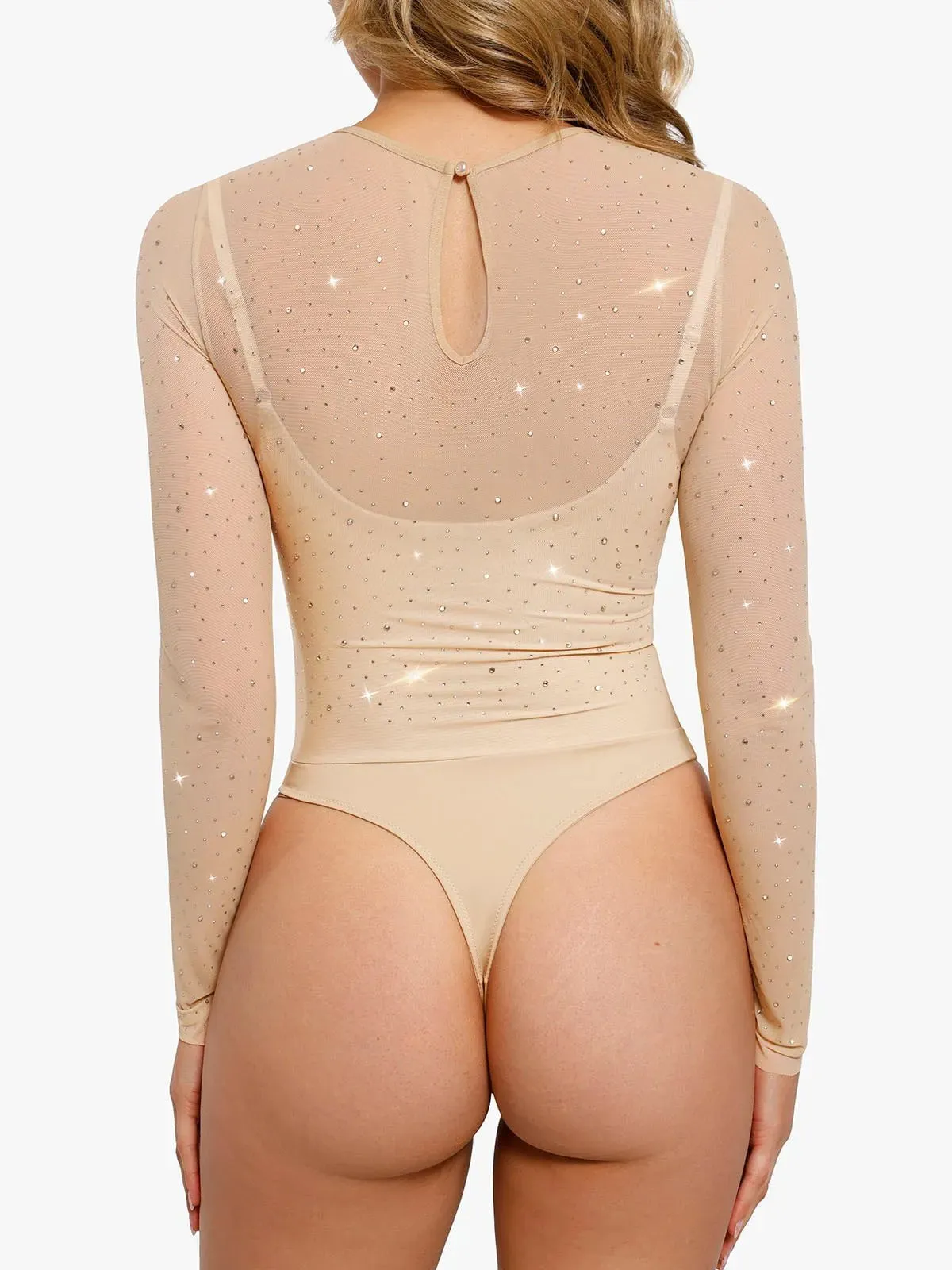 Shapewear Heat-Set Crystal Mesh Long-Sleeve Slimming Bodysuit