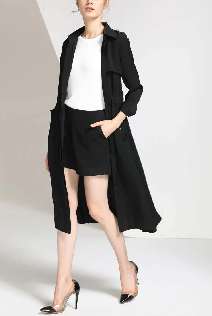 Single-breasted Slim Black Trench Coat