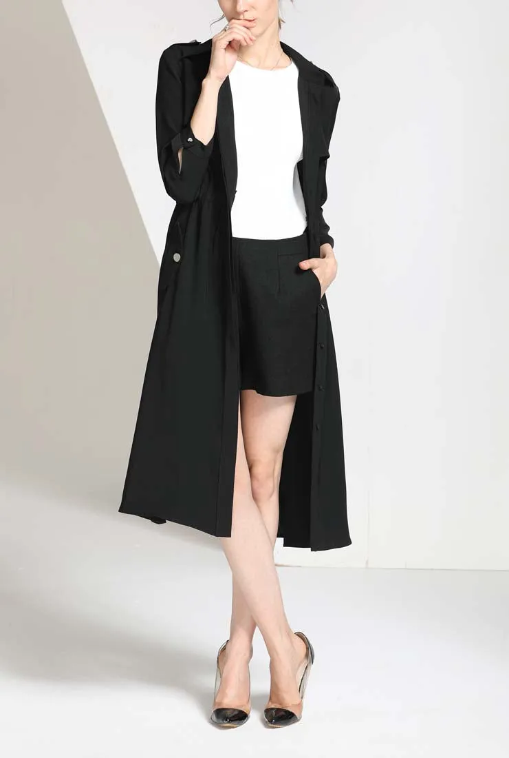 Single-breasted Slim Black Trench Coat