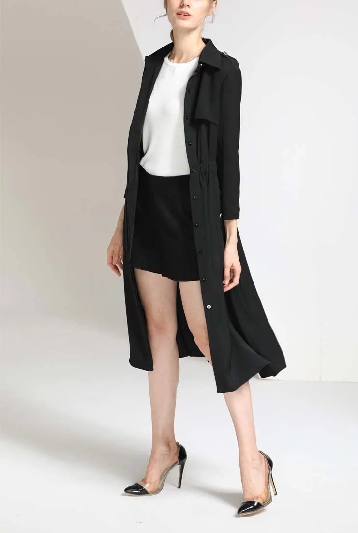 Single-breasted Slim Black Trench Coat